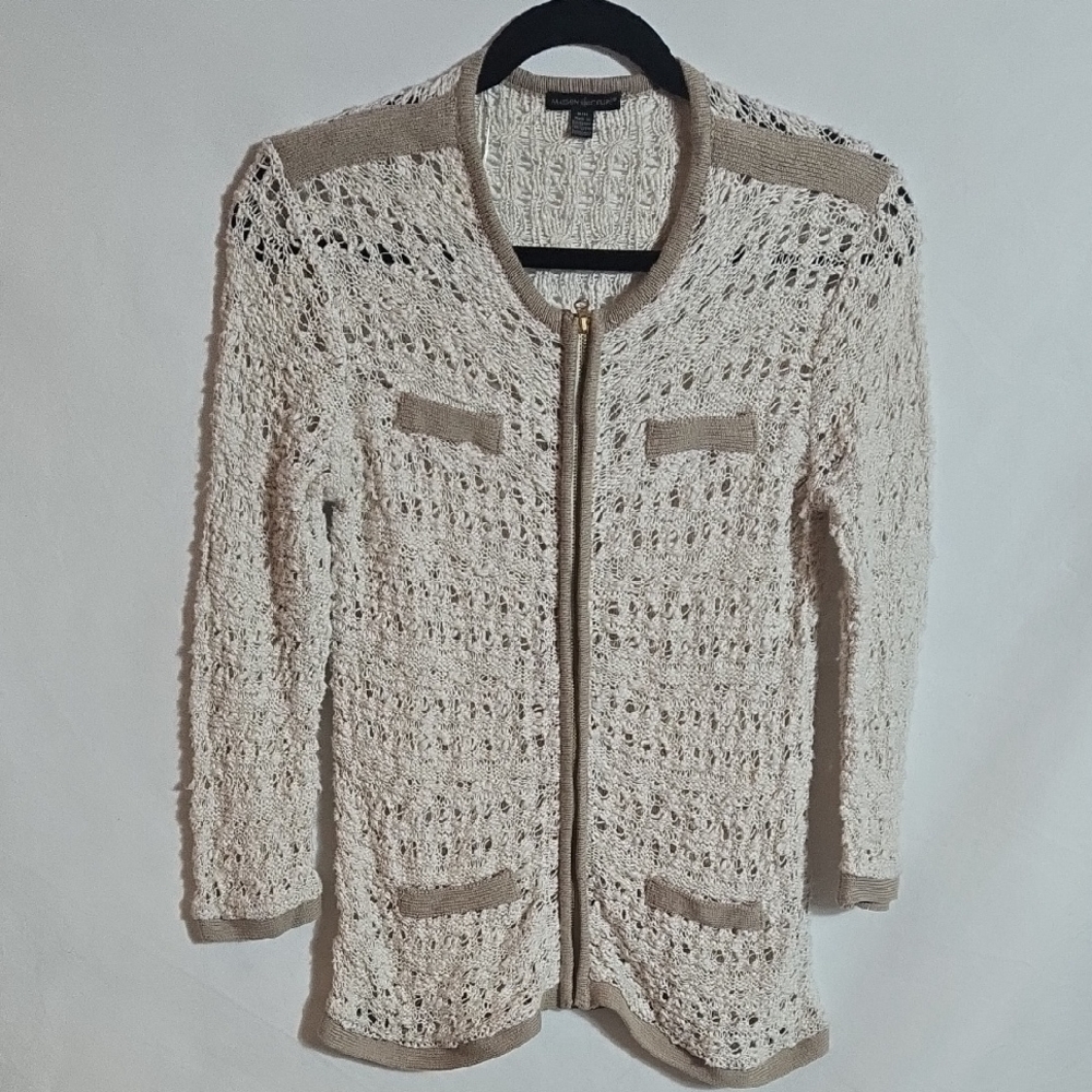 Madison Cream Open-Knit Cardigan with Gold Zipper